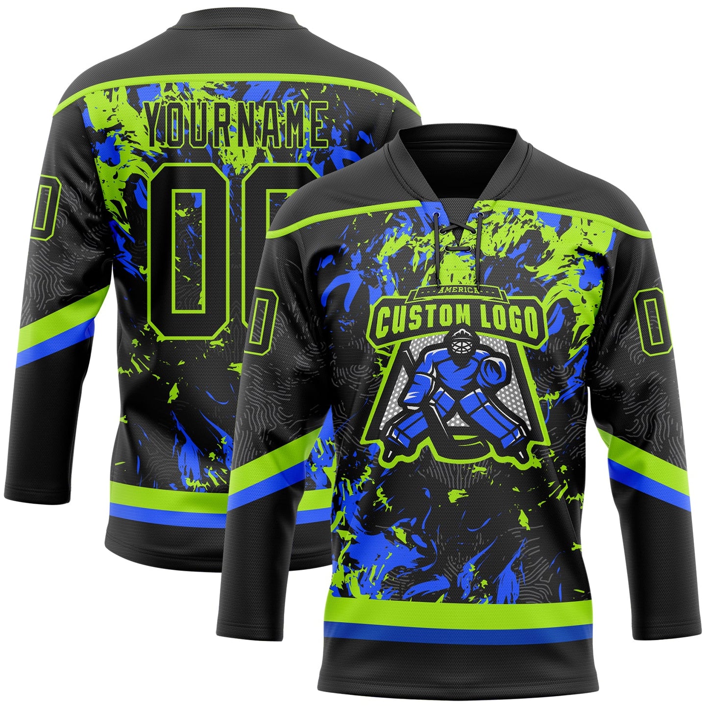 Custom Black Neon Green-Royal 3D Fluid Art Splash Hockey Lace Neck Jersey view 2