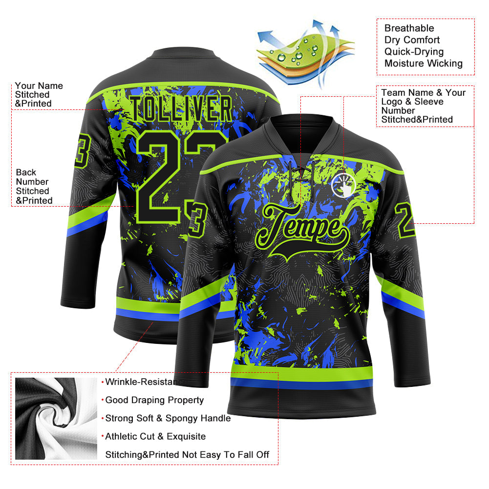 Custom Black Neon Green-Royal 3D Fluid Art Splash Hockey Lace Neck Jersey view 3