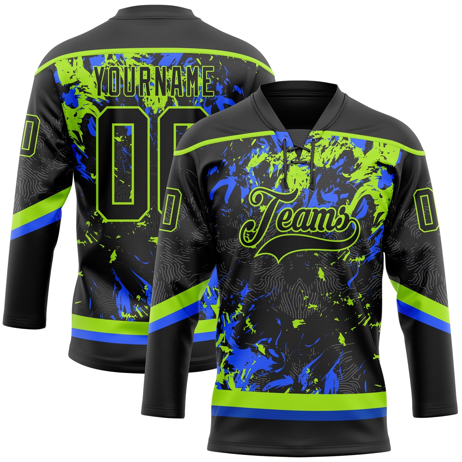 Custom Black Neon Green-Royal 3D Fluid Art Splash Hockey Lace Neck Jersey - Main View
