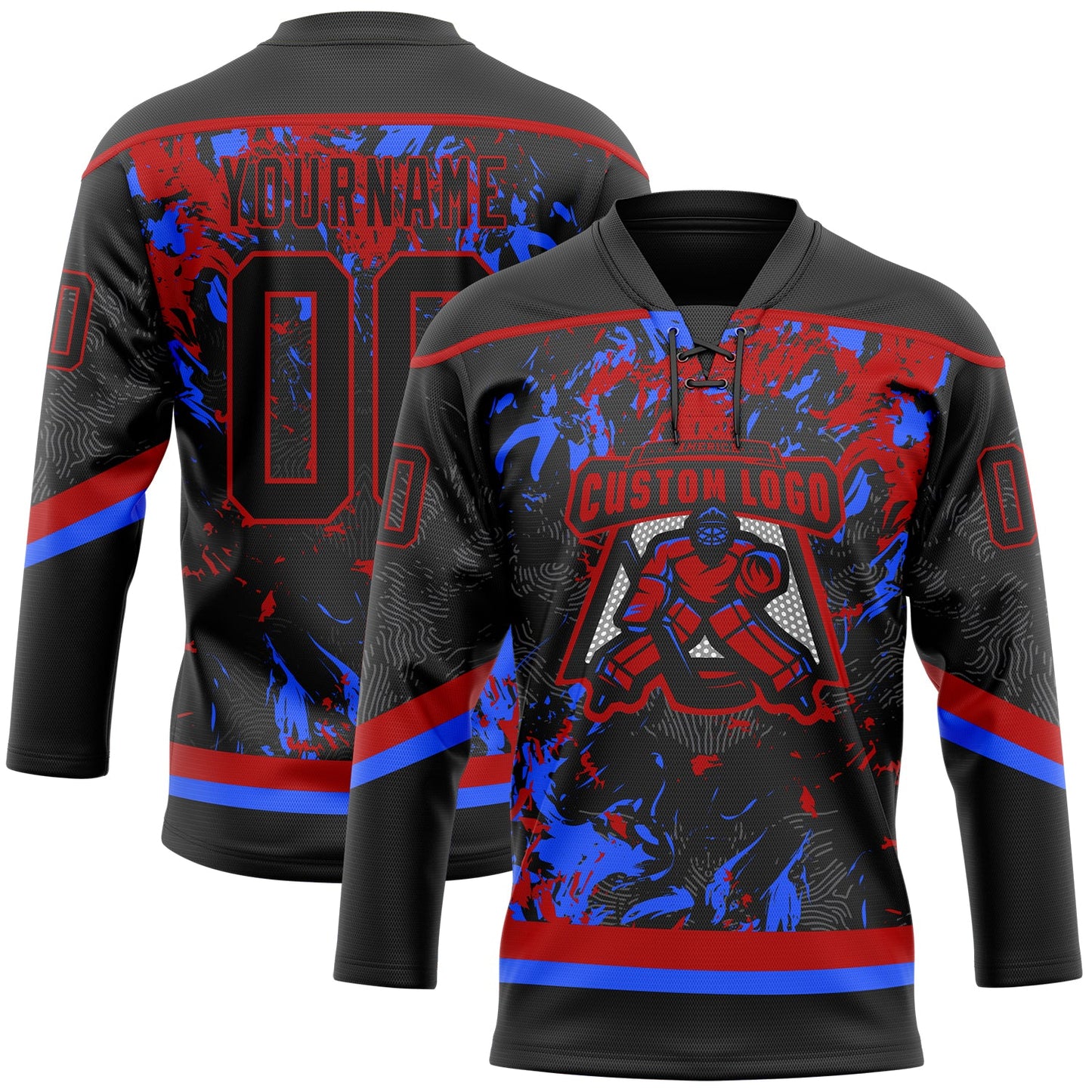 Custom Black Red-Royal 3D Fluid Art Splash Hockey Lace Neck Jersey view 2