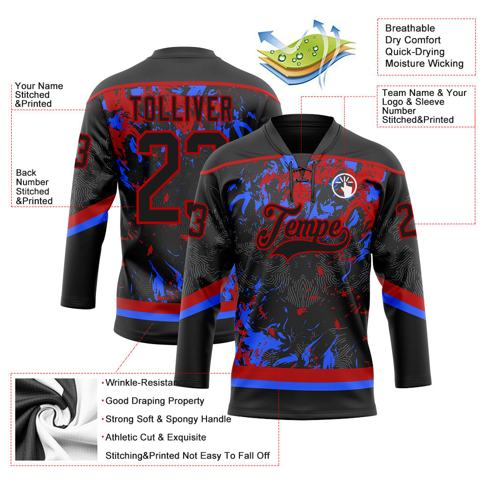 Custom Black Red-Royal 3D Fluid Art Splash Hockey Lace Neck Jersey view 3