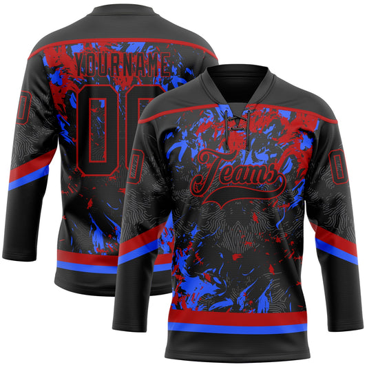 Custom Black Red-Royal 3D Fluid Art Splash Hockey Lace Neck Jersey - Main View