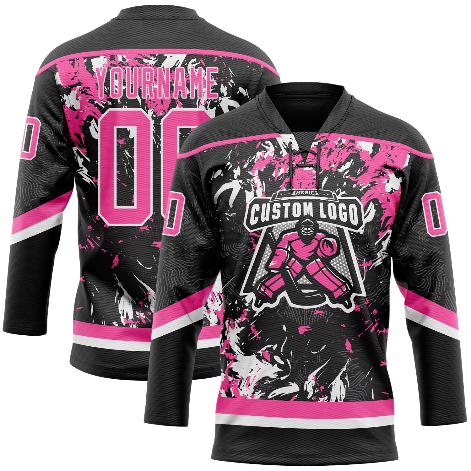 Custom Black Pink-White 3D Fluid Art Splash Hockey Lace Neck Jersey view 2