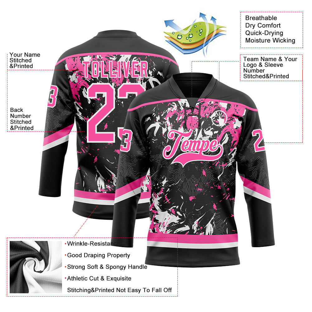 Custom Black Pink-White 3D Fluid Art Splash Hockey Lace Neck Jersey view 3