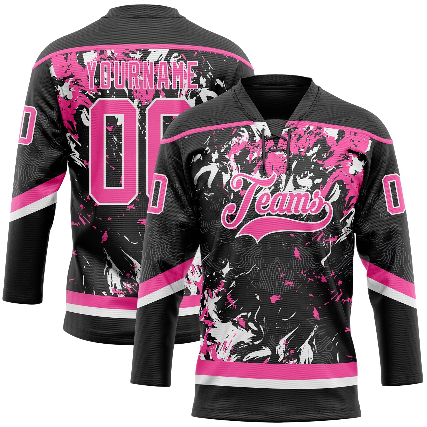 Custom Black Pink-White 3D Fluid Art Splash Hockey Lace Neck Jersey - Main View