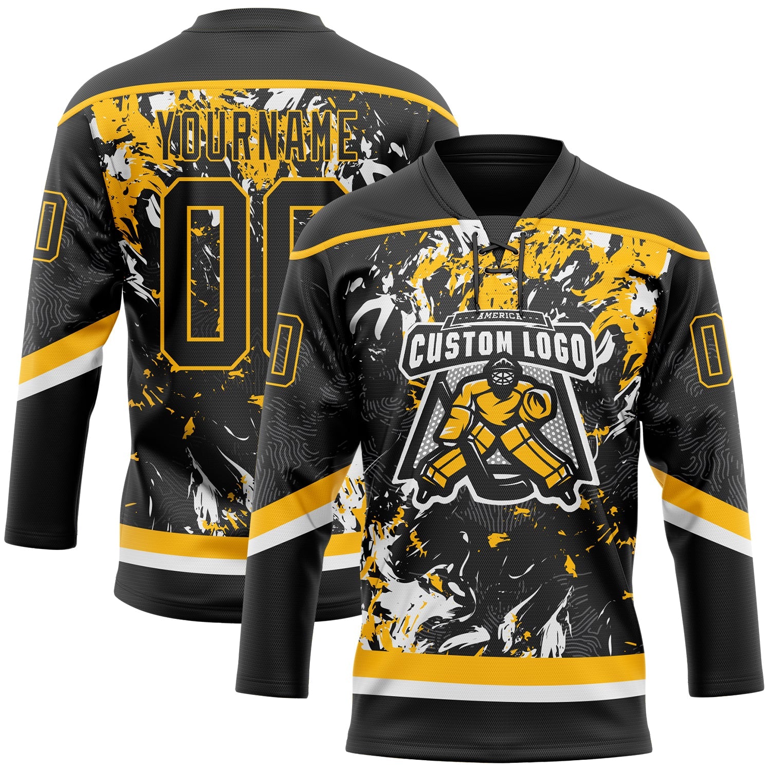 Custom Black Gold-White 3D Fluid Art Splash Hockey Lace Neck Jersey view 2