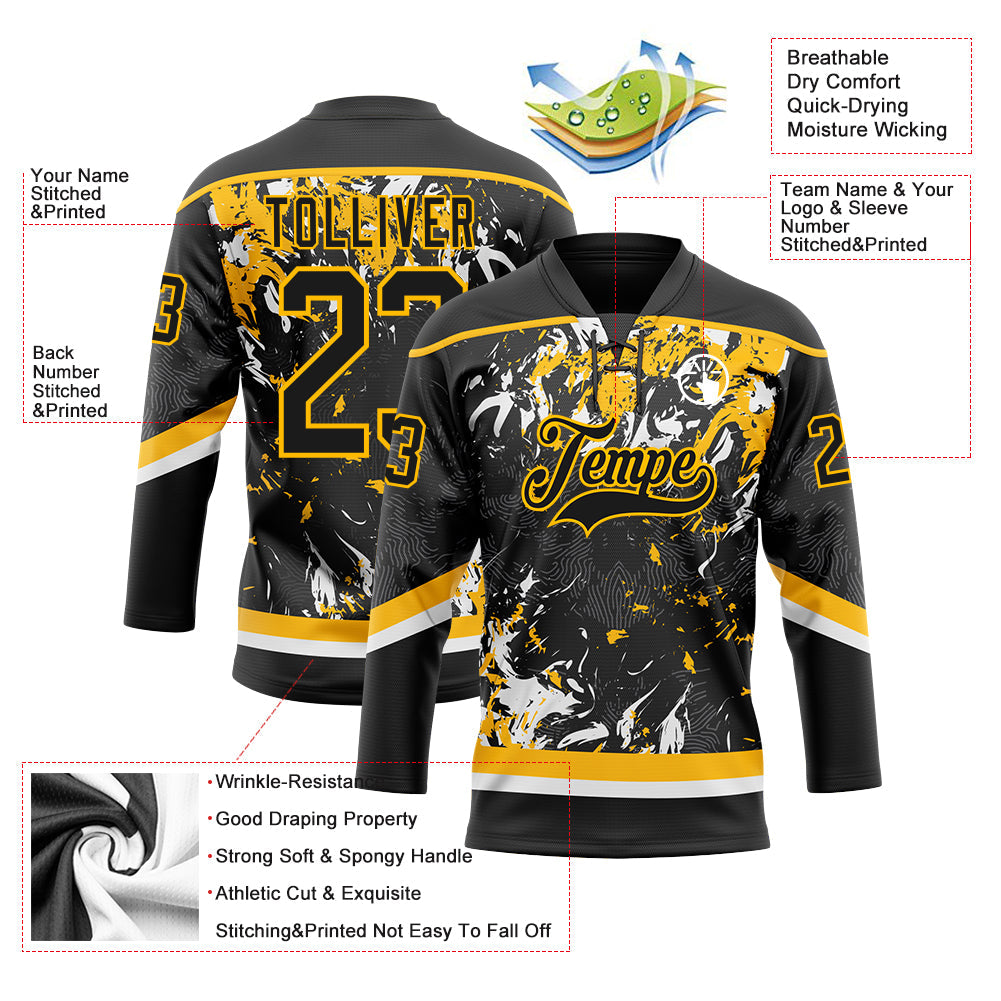 Custom Black Gold-White 3D Fluid Art Splash Hockey Lace Neck Jersey view 3