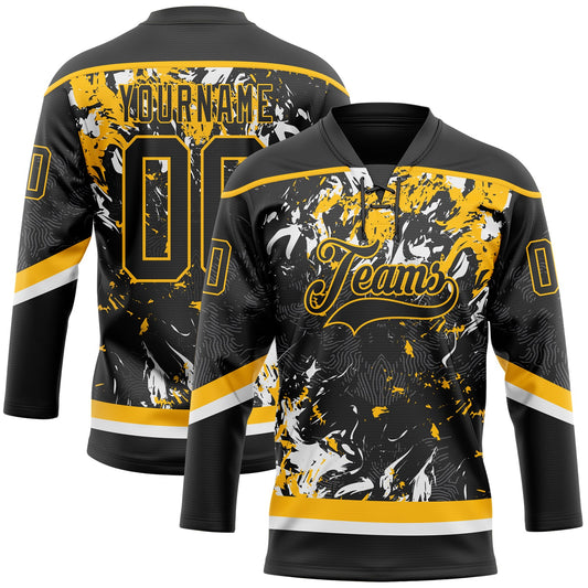 Custom Black Gold-White 3D Fluid Art Splash Hockey Lace Neck Jersey - Main View