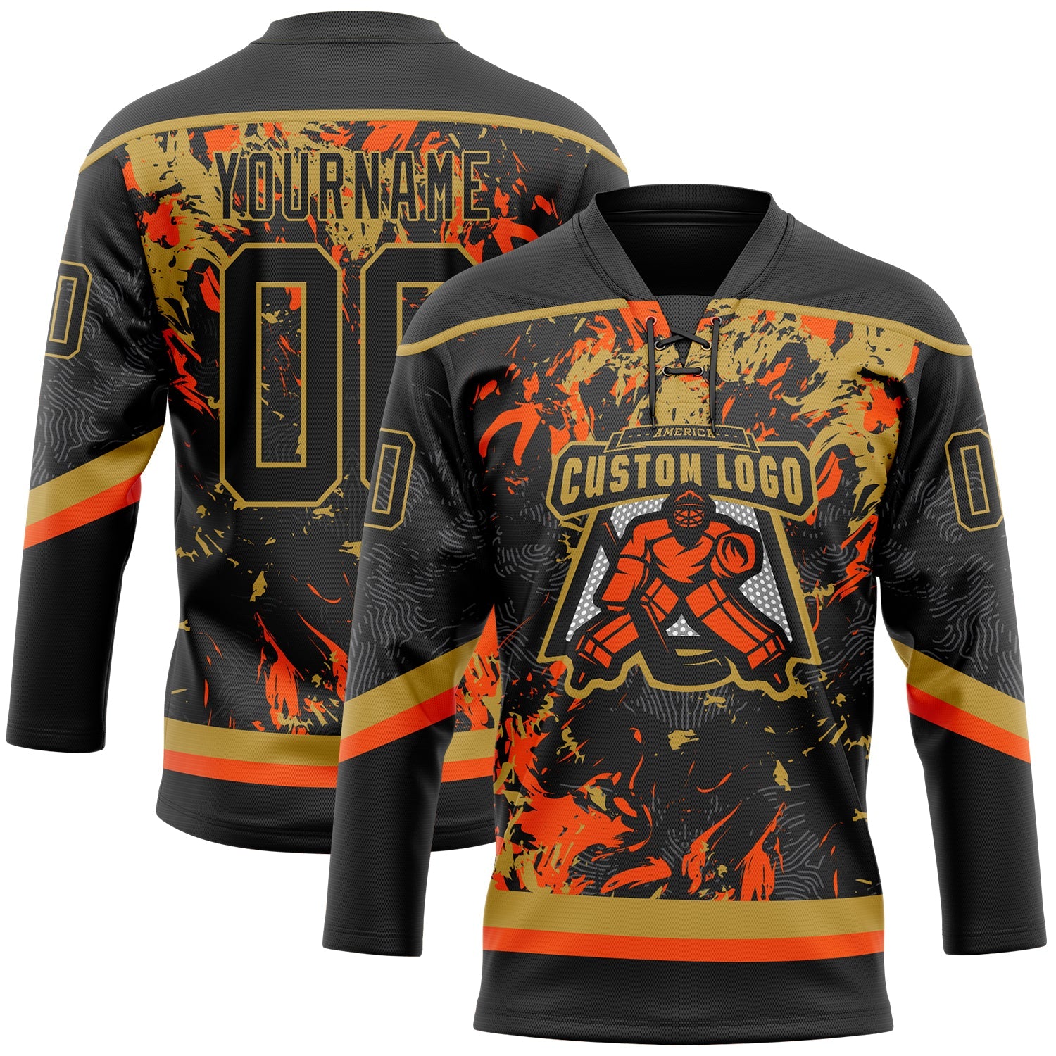 Custom Black Old Gold-Orange 3D Fluid Art Splash Hockey Lace Neck Jersey view 2