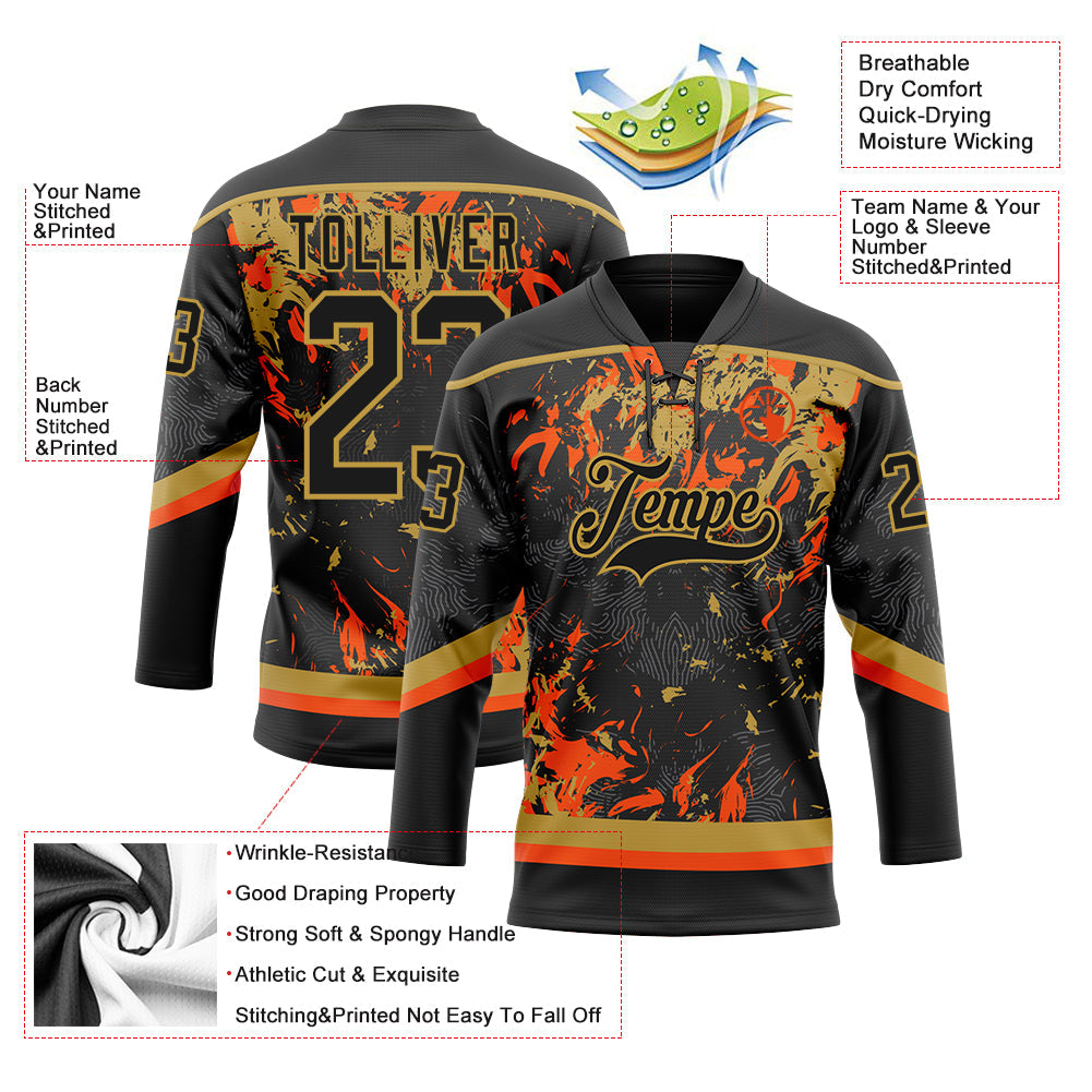 Custom Black Old Gold-Orange 3D Fluid Art Splash Hockey Lace Neck Jersey view 3