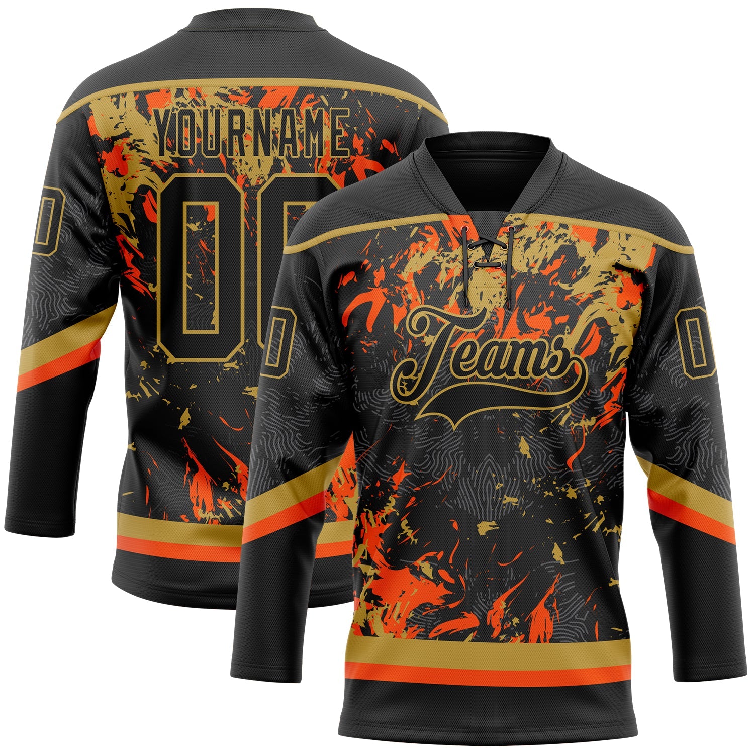 Custom Black Old Gold-Orange 3D Fluid Art Splash Hockey Lace Neck Jersey - Main View