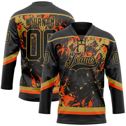 Custom Black Old Gold-Orange 3D Fluid Art Splash Hockey Lace Neck Jersey - Main View