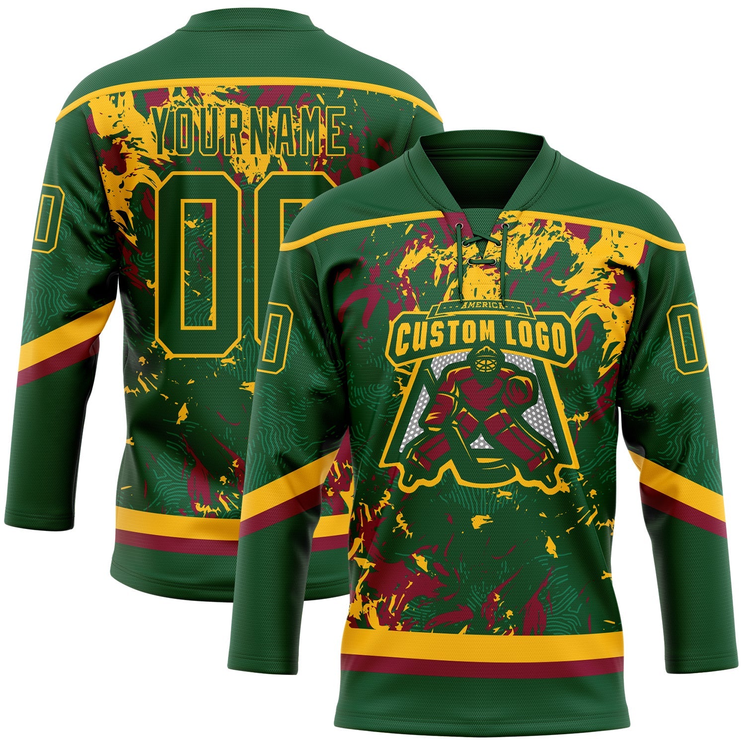 Custom Green Gold-Maroon 3D Fluid Art Splash Hockey Lace Neck Jersey view 2
