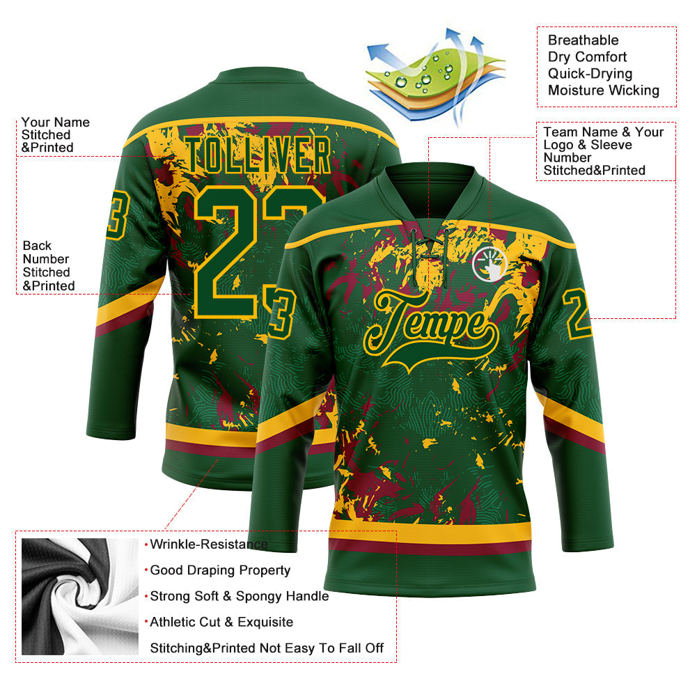 Custom Green Gold-Maroon 3D Fluid Art Splash Hockey Lace Neck Jersey view 3