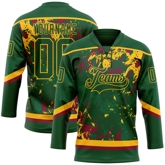 Custom Green Gold-Maroon 3D Fluid Art Splash Hockey Lace Neck Jersey - Main View