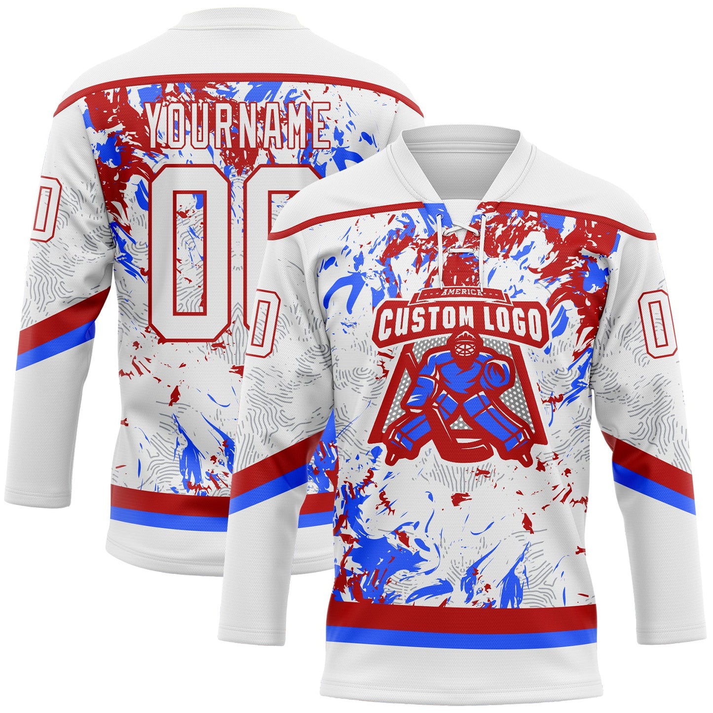 Custom White Red-Royal 3D Fluid Art Splash Hockey Lace Neck Jersey view 2