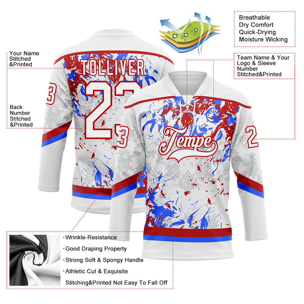 Custom White Red-Royal 3D Fluid Art Splash Hockey Lace Neck Jersey view 3