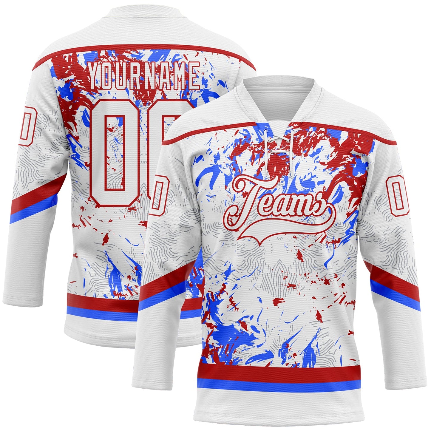 Custom White Red-Royal 3D Fluid Art Splash Hockey Lace Neck Jersey - Main View