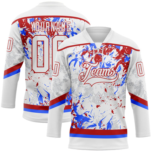 Custom White Red-Royal 3D Fluid Art Splash Hockey Lace Neck Jersey - Main View
