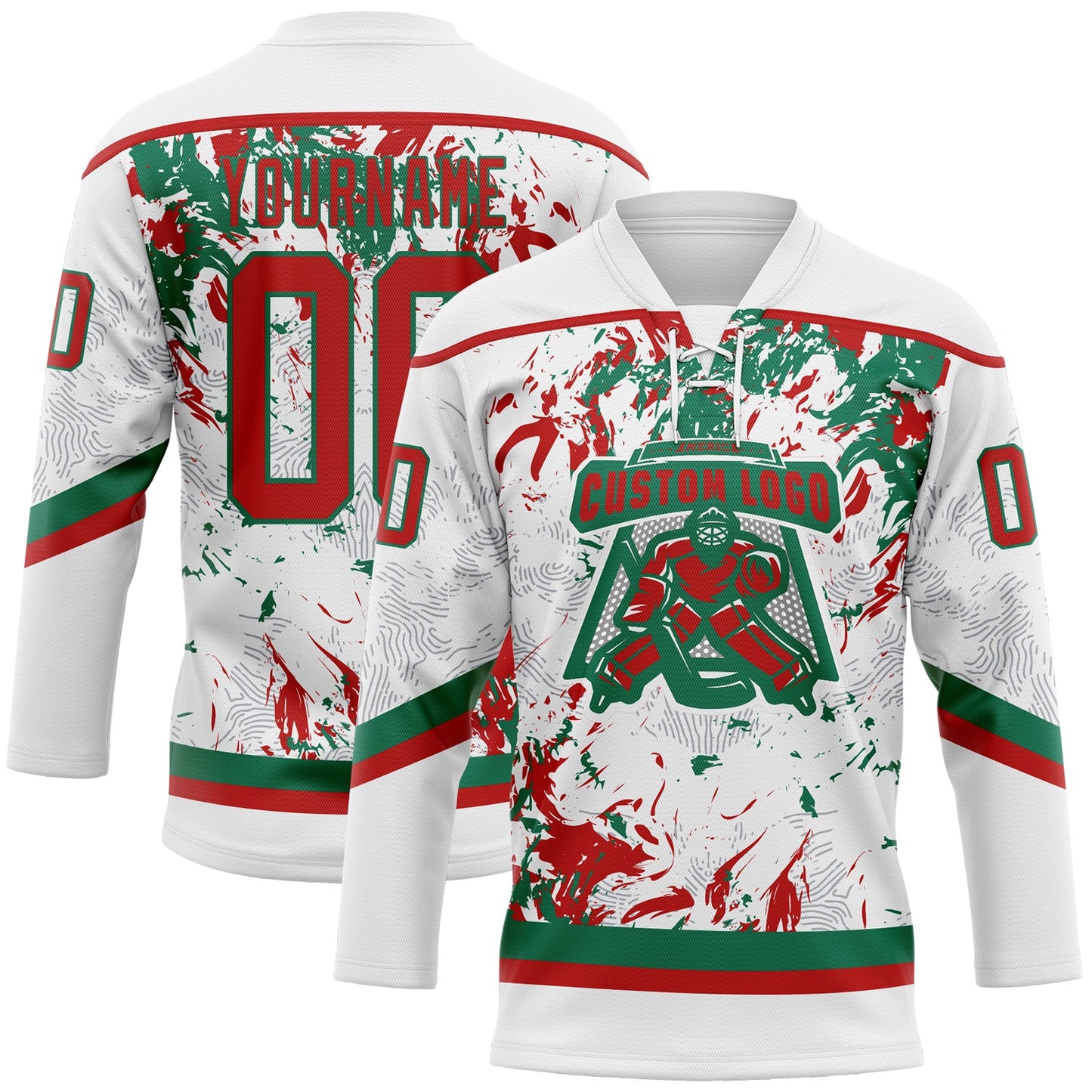 Custom White Red-Kelly Green 3D Fluid Art Splash Hockey Lace Neck Jersey view 2