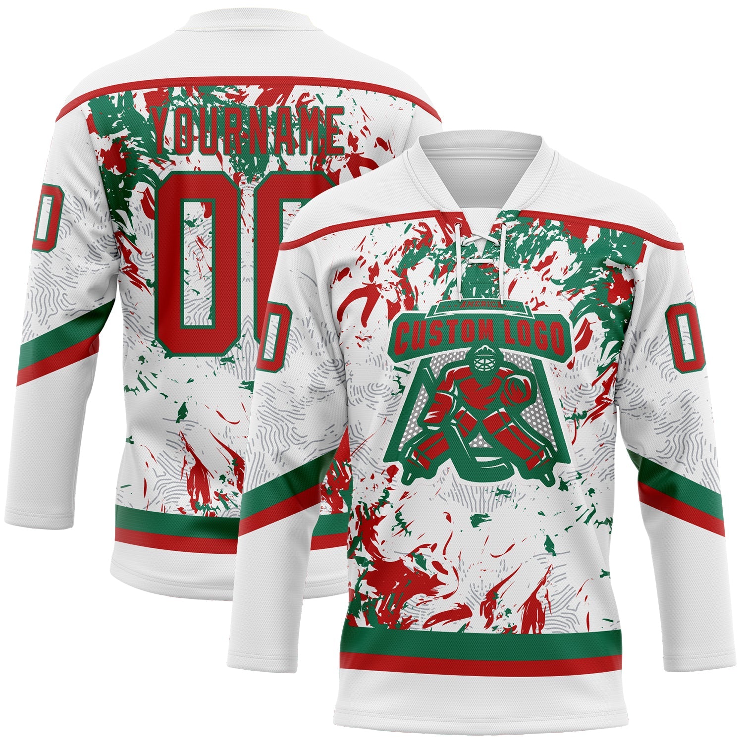 Custom White Red-Kelly Green 3D Fluid Art Splash Hockey Lace Neck Jersey view 2
