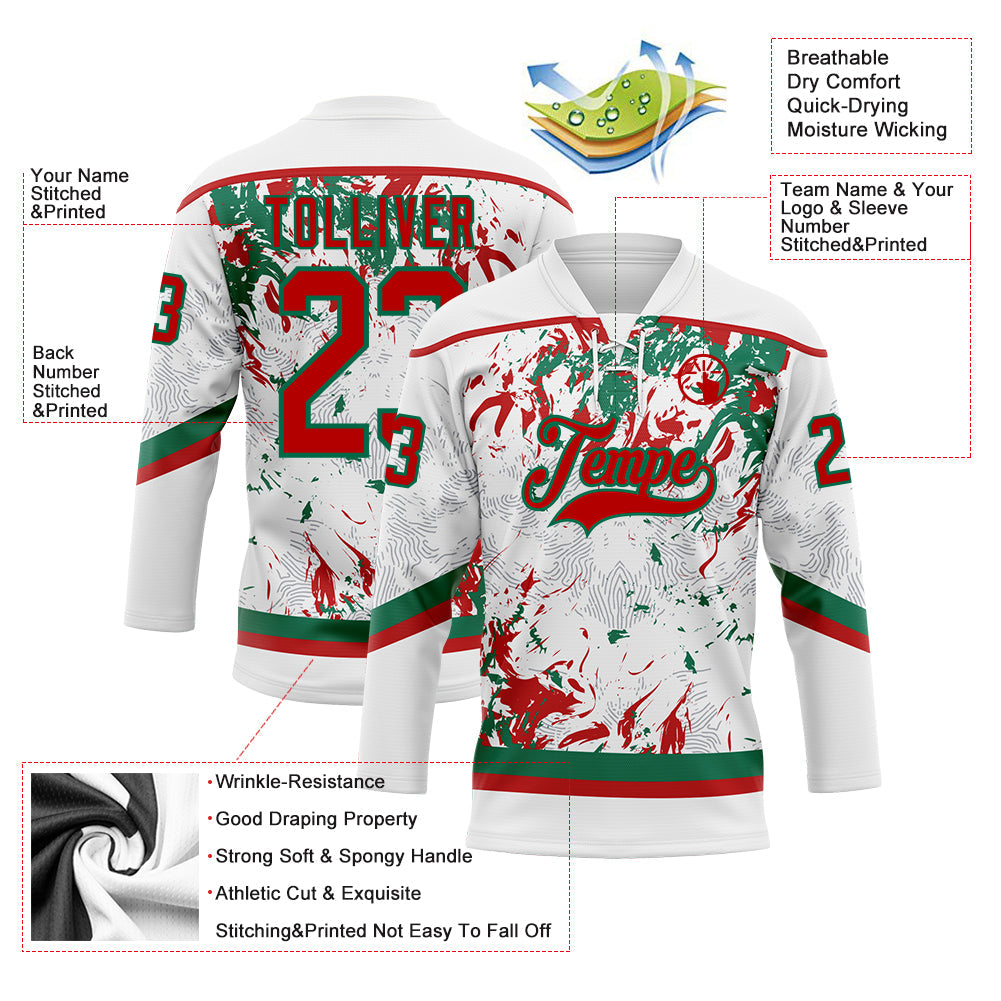 Custom White Red-Kelly Green 3D Fluid Art Splash Hockey Lace Neck Jersey view 3