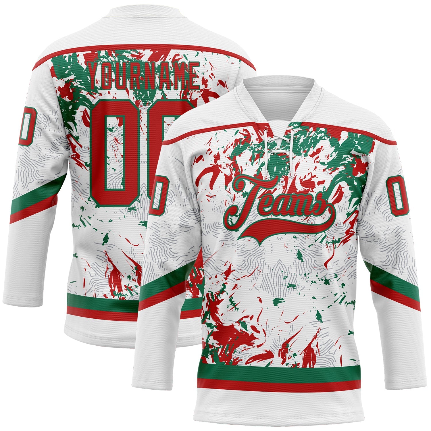 Custom White Red-Kelly Green 3D Fluid Art Splash Hockey Lace Neck Jersey - Main View