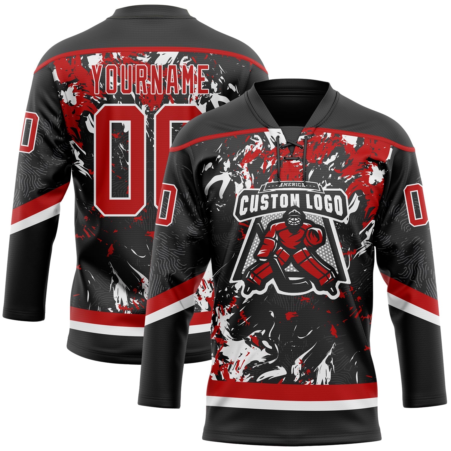 Custom Black Red-White 3D Fluid Art Splash Hockey Lace Neck Jersey view 2