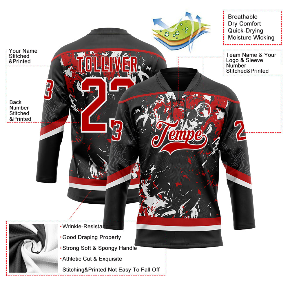 Custom Black Red-White 3D Fluid Art Splash Hockey Lace Neck Jersey view 3