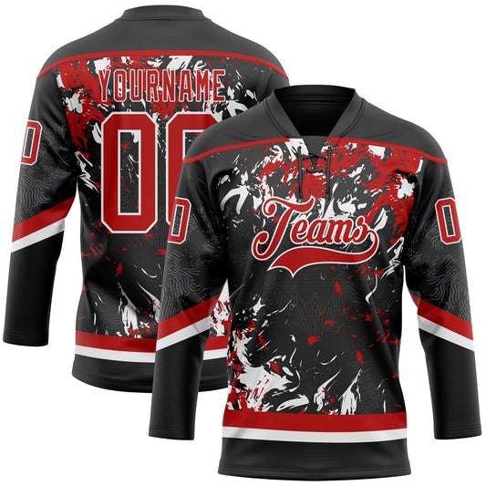 Custom Black Red-White 3D Fluid Art Splash Hockey Lace Neck Jersey - Main View
