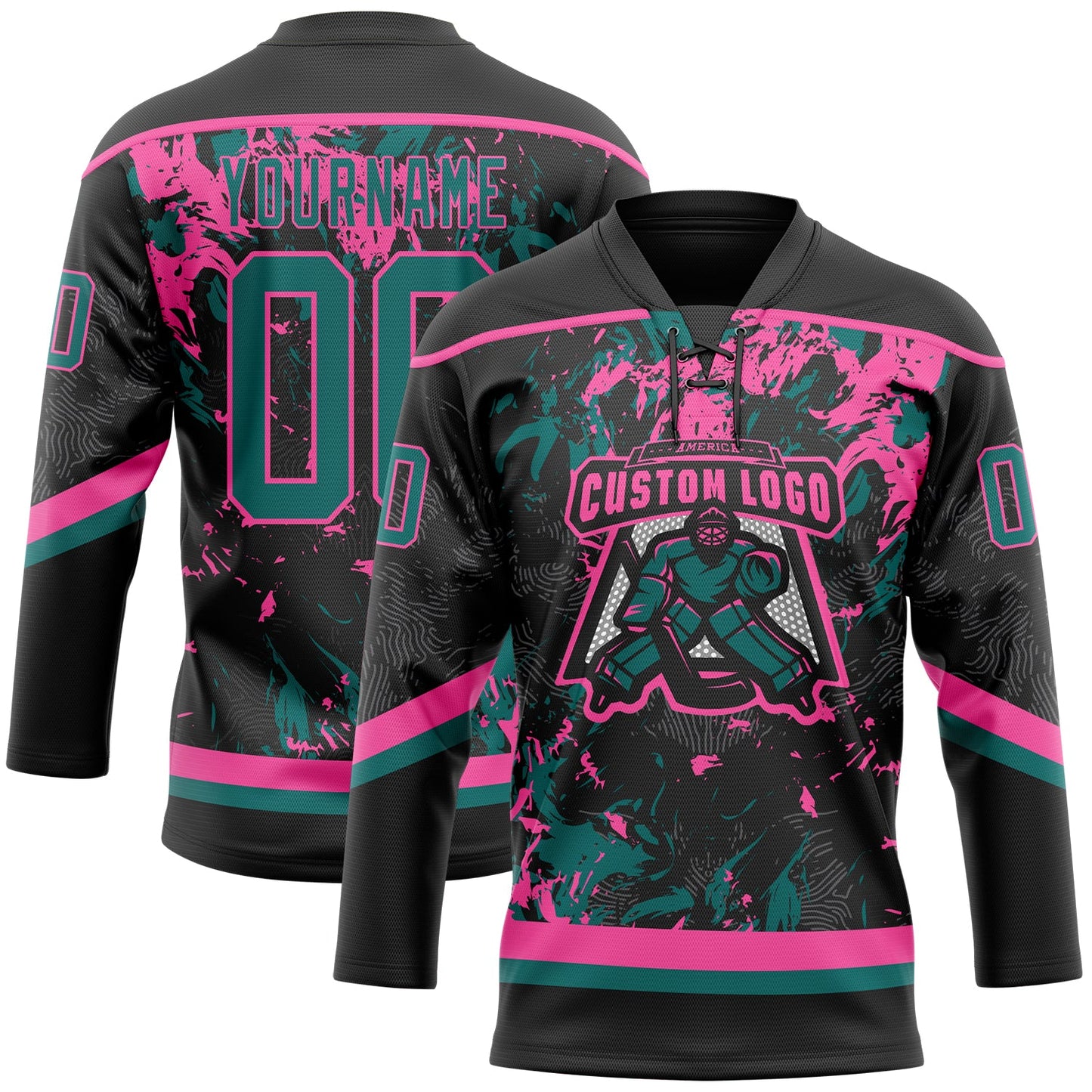 Custom Black Teal-Pink 3D Fluid Art Splash Hockey Lace Neck Jersey view 2