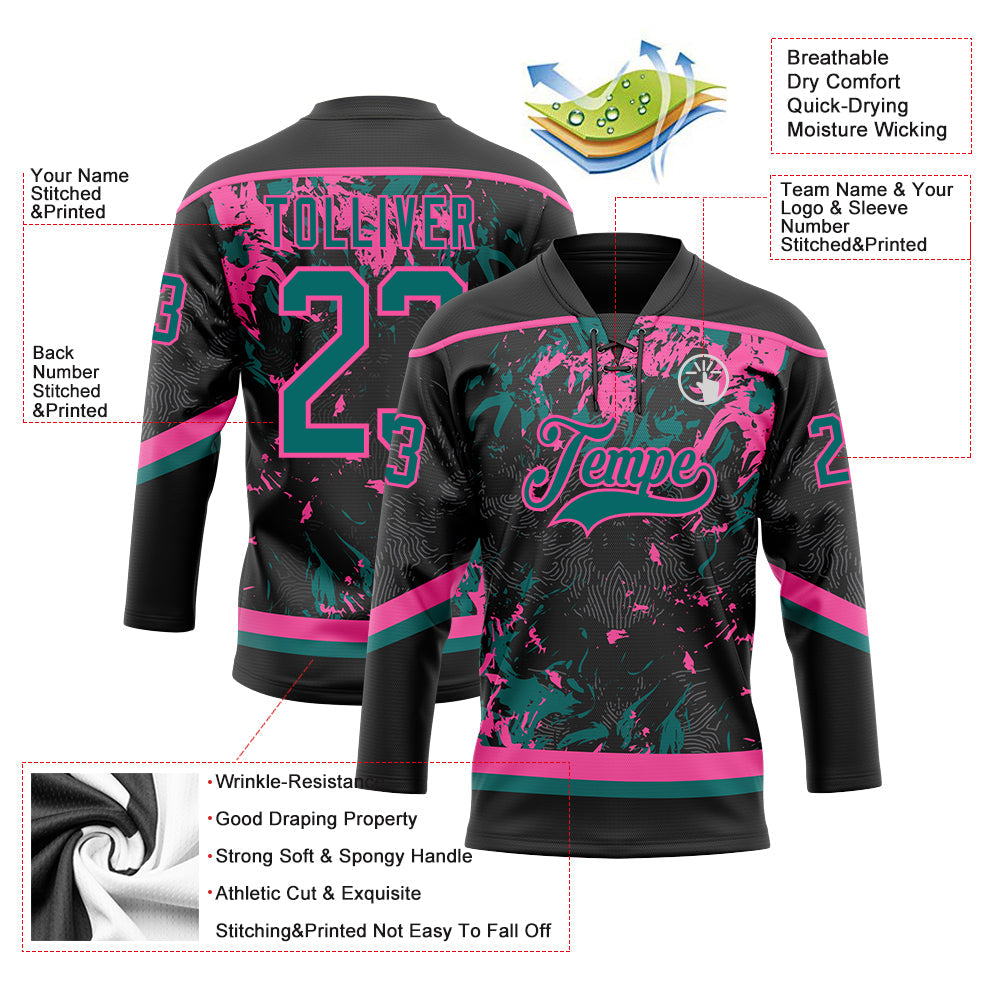 Custom Black Teal-Pink 3D Fluid Art Splash Hockey Lace Neck Jersey view 3