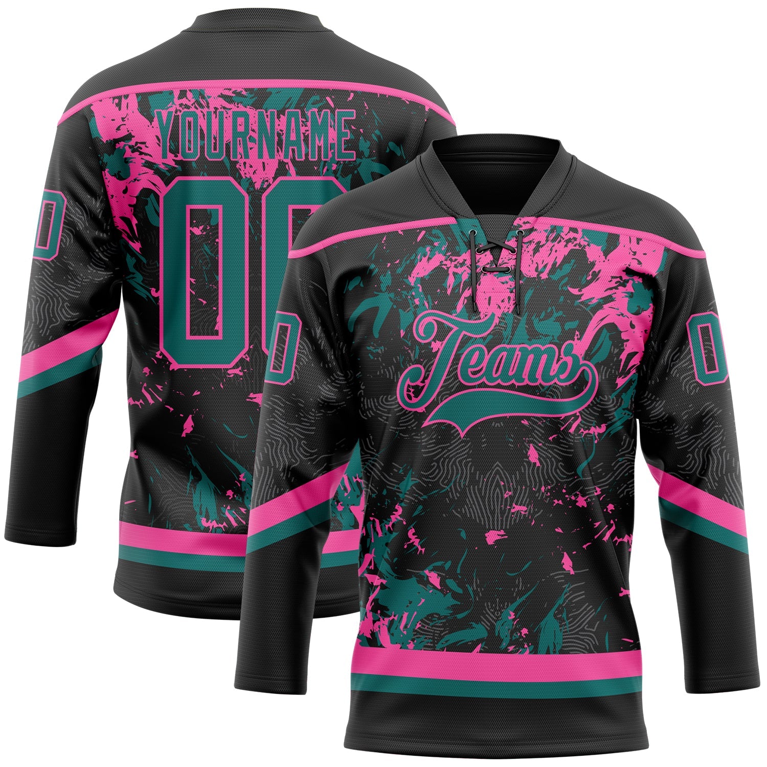 Custom Black Teal-Pink 3D Fluid Art Splash Hockey Lace Neck Jersey - Main View