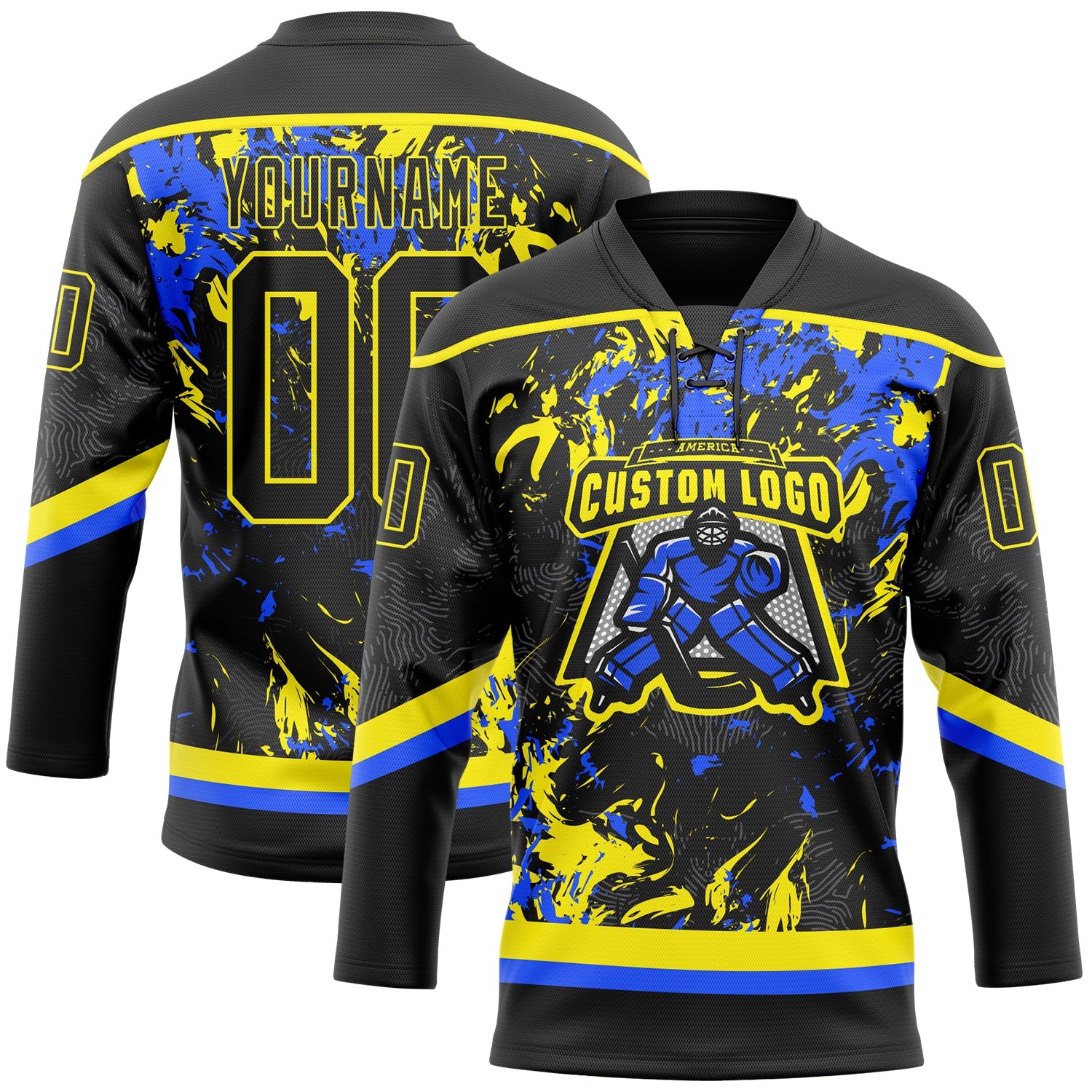 Custom Black Light Yellow-Royal 3D Fluid Art Splash Hockey Lace Neck Jersey view 2