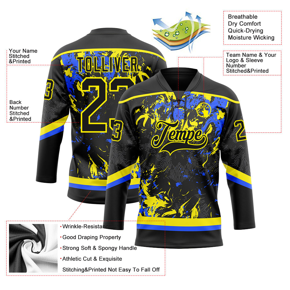 Custom Black Light Yellow-Royal 3D Fluid Art Splash Hockey Lace Neck Jersey view 3