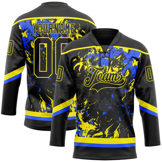 Custom Black Light Yellow-Royal 3D Fluid Art Splash Hockey Lace Neck Jersey - Main View