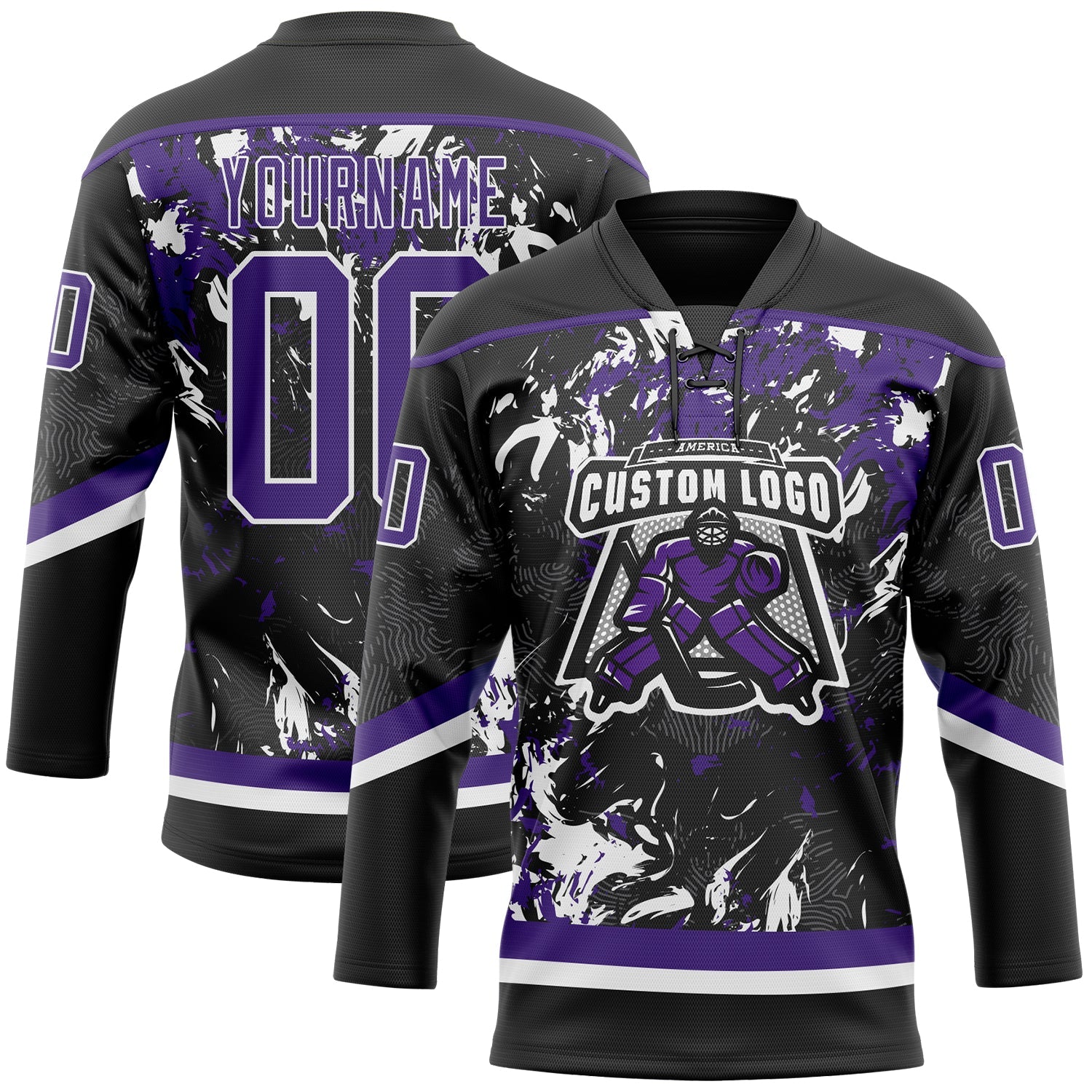 Custom Black Purple-White 3D Fluid Art Splash Hockey Lace Neck Jersey view 2