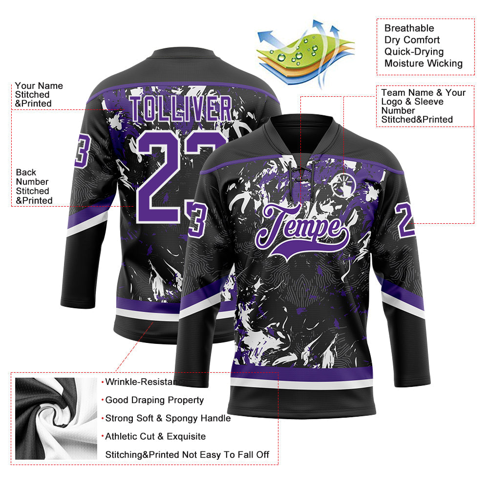 Custom Black Purple-White 3D Fluid Art Splash Hockey Lace Neck Jersey view 3