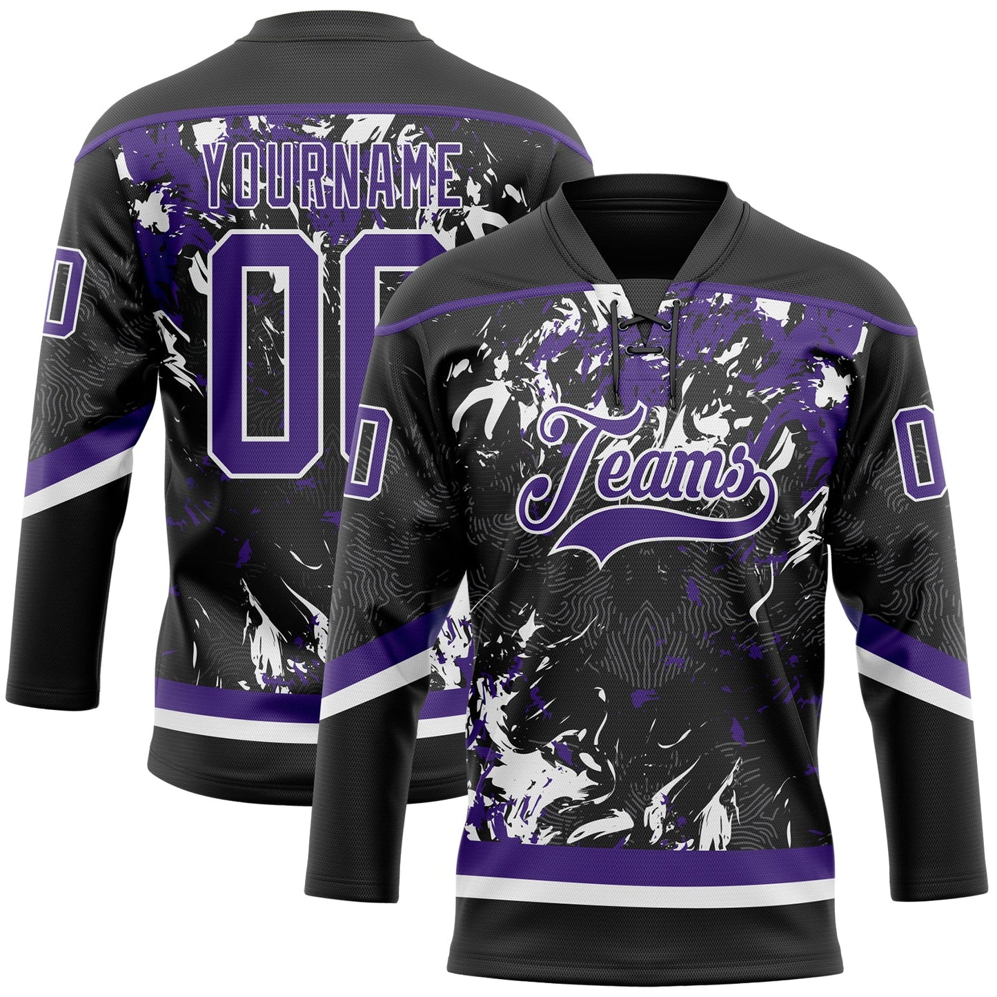 Custom Black Purple-White 3D Fluid Art Splash Hockey Lace Neck Jersey - Main View