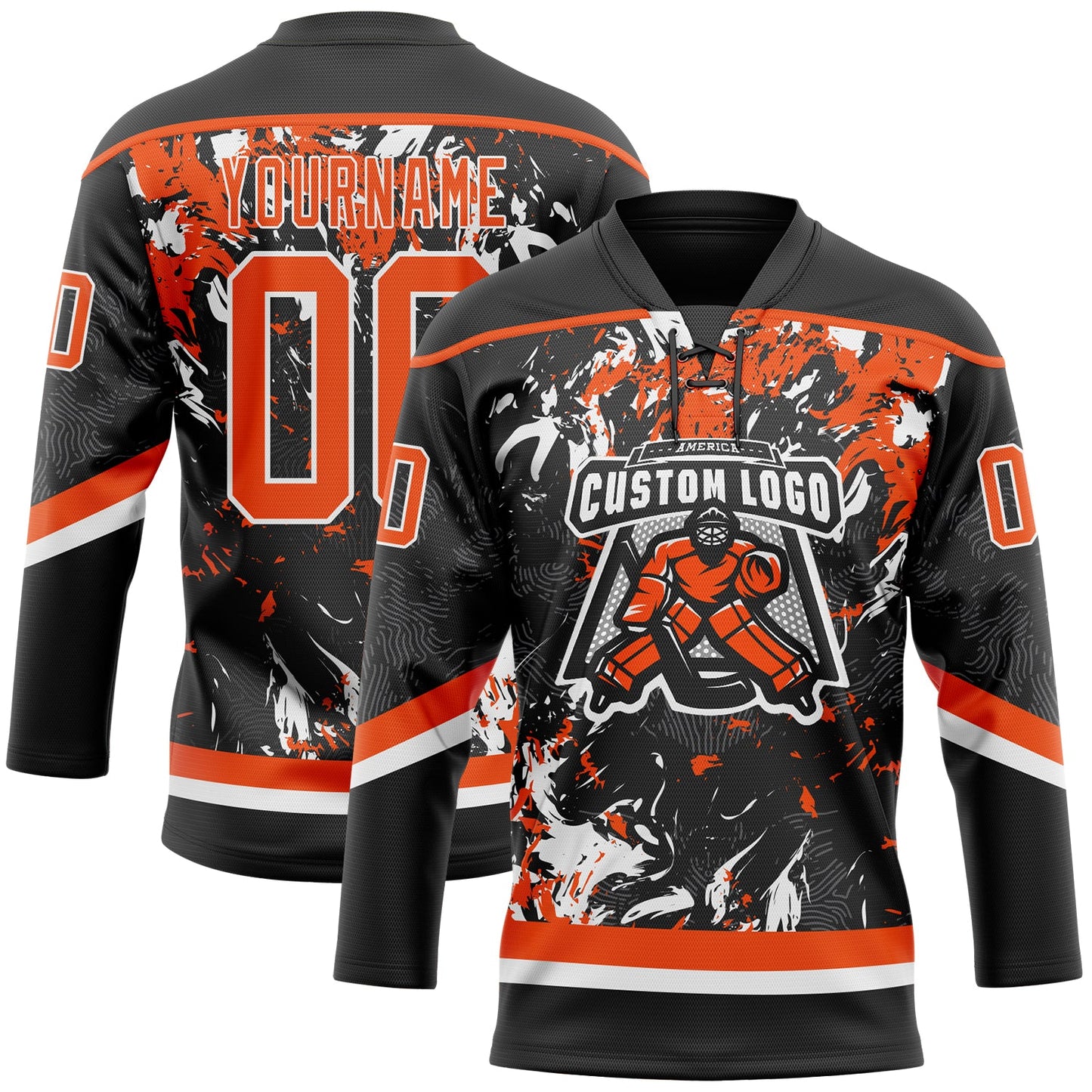 Custom Black Orange-White 3D Fluid Art Splash Hockey Lace Neck Jersey view 2