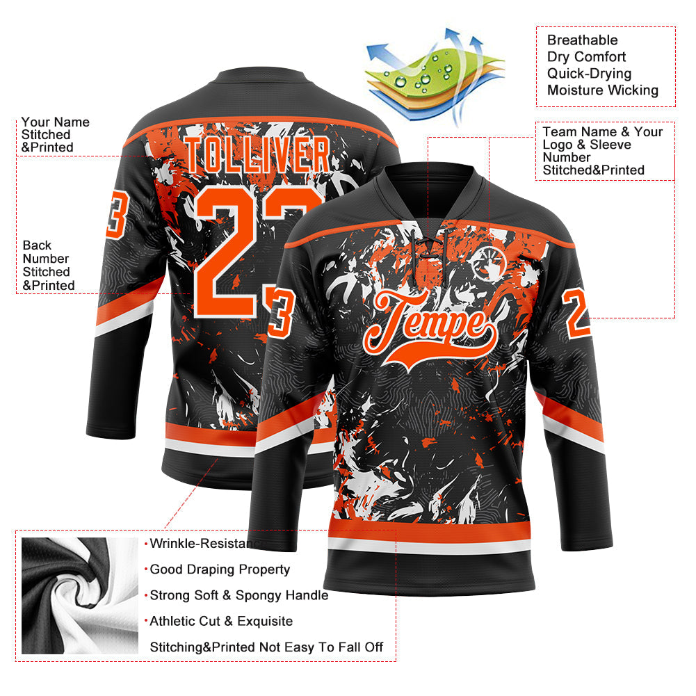 Custom Black Orange-White 3D Fluid Art Splash Hockey Lace Neck Jersey view 3