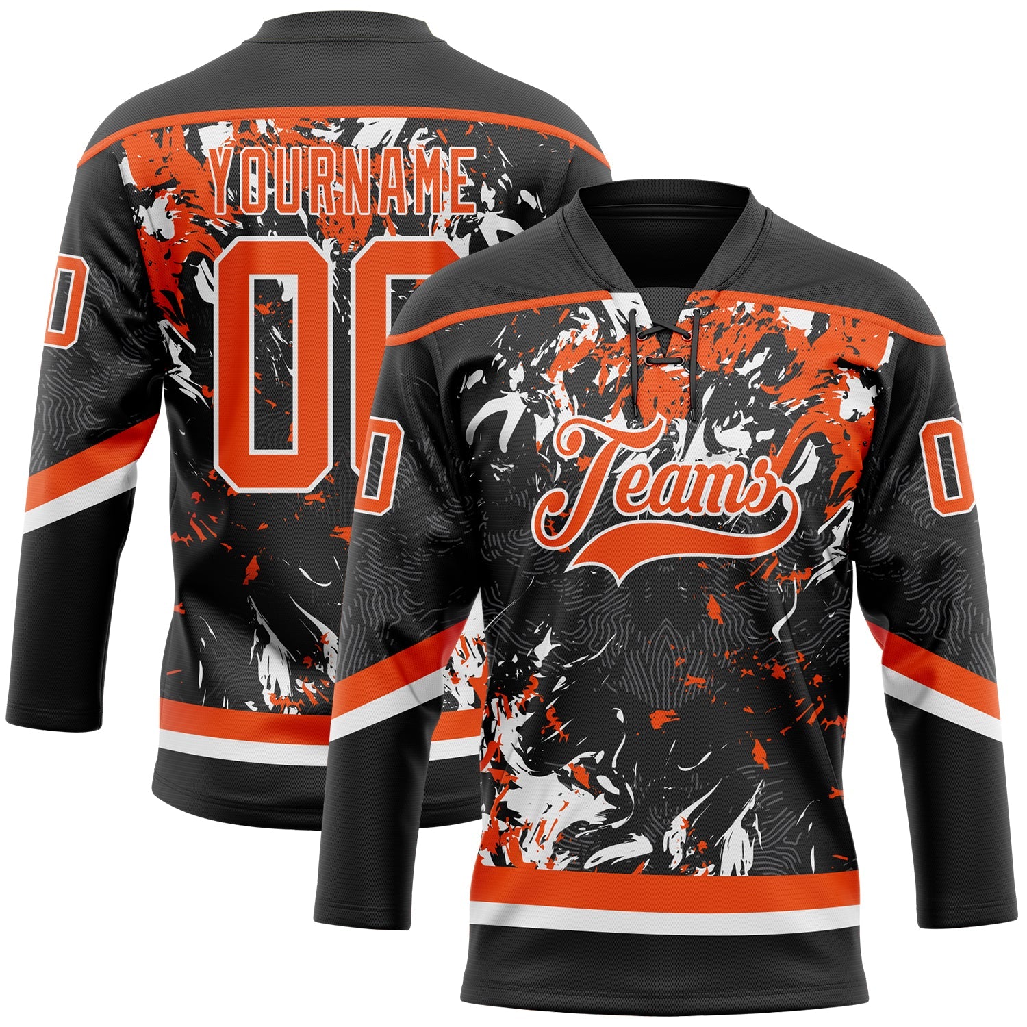 Custom Black Orange-White 3D Fluid Art Splash Hockey Lace Neck Jersey - Main View