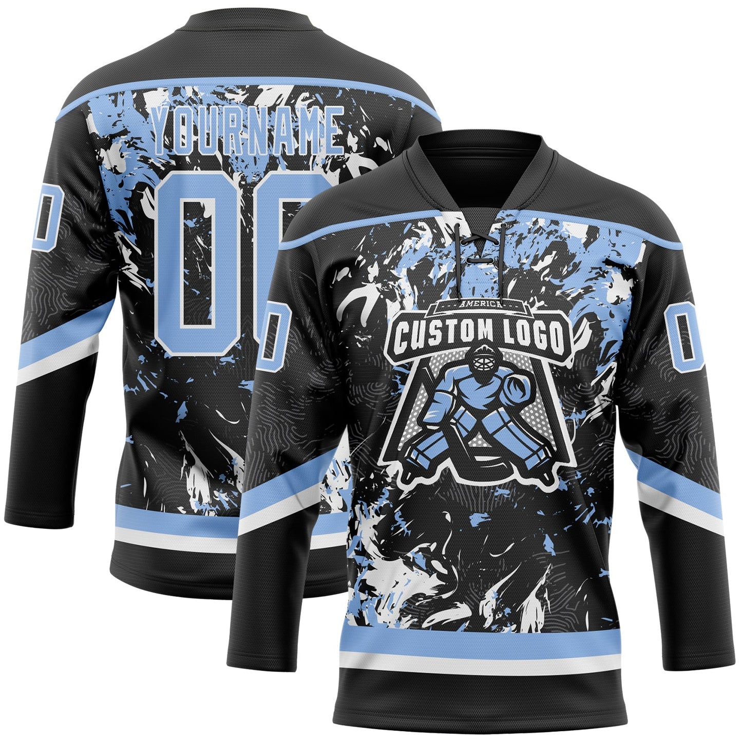 Custom Black Light Blue-White 3D Fluid Art Splash Hockey Lace Neck Jersey view 2