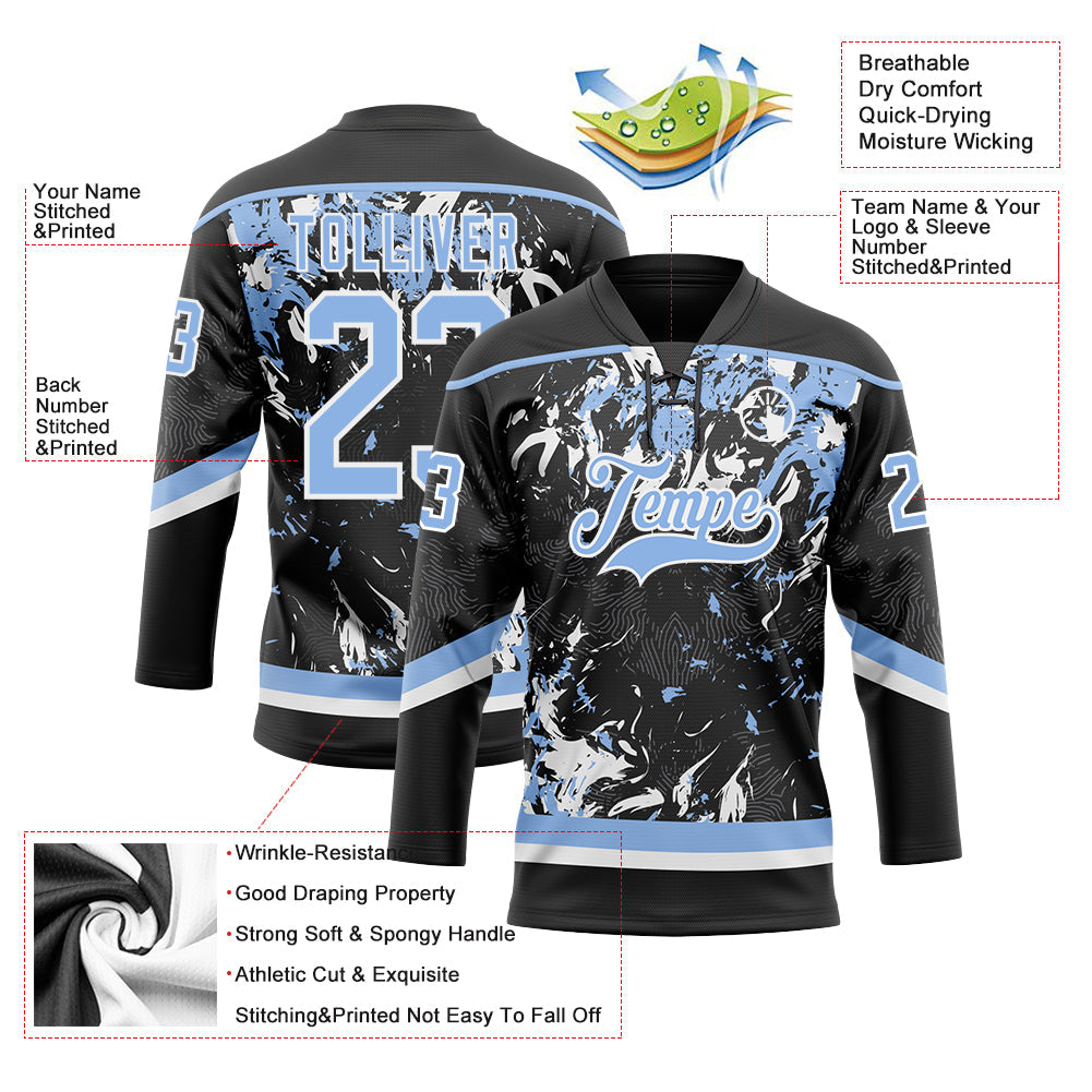 Custom Black Light Blue-White 3D Fluid Art Splash Hockey Lace Neck Jersey view 3