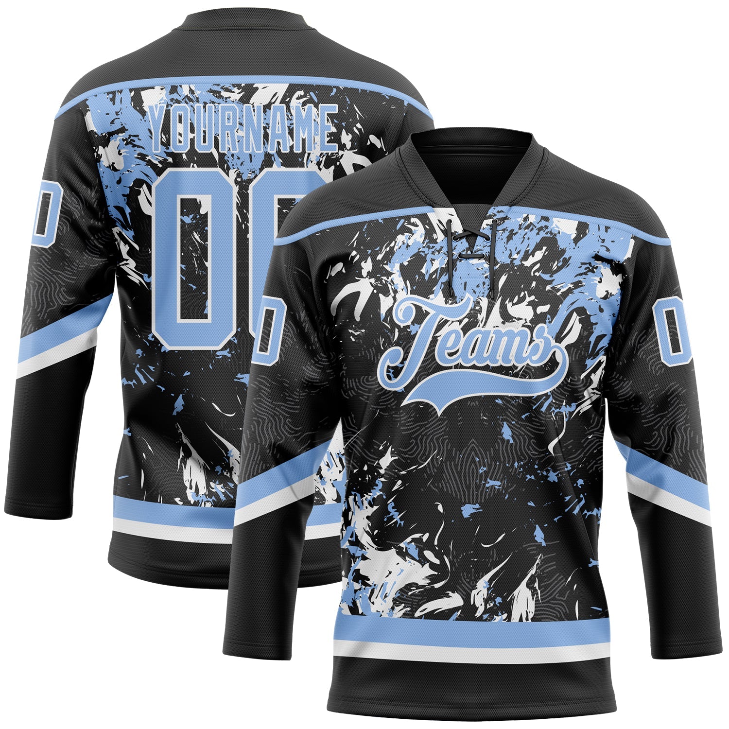 Custom Black Light Blue-White 3D Fluid Art Splash Hockey Lace Neck Jersey - Main View