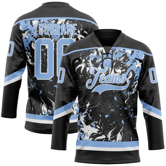 Custom Black Light Blue-White 3D Fluid Art Splash Hockey Lace Neck Jersey - Main View