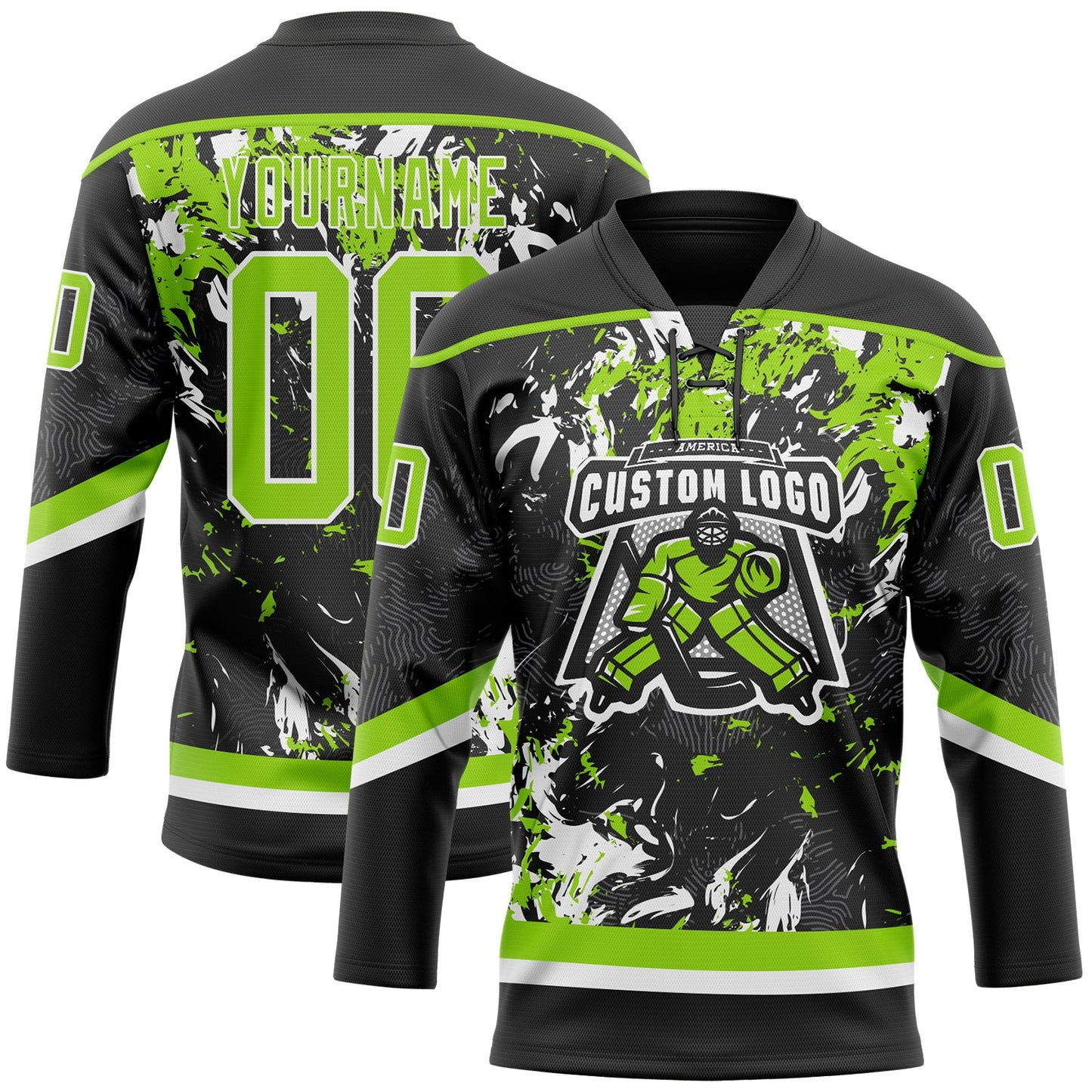Custom Black Neon Green-White 3D Fluid Art Splash Hockey Lace Neck Jersey view 2