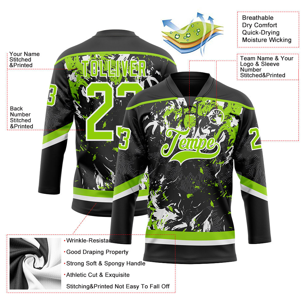 Custom Black Neon Green-White 3D Fluid Art Splash Hockey Lace Neck Jersey view 3