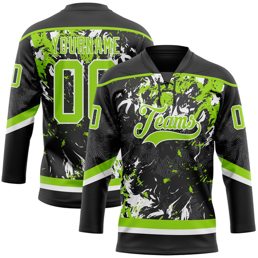 Custom Black Neon Green-White 3D Fluid Art Splash Hockey Lace Neck Jersey - Main View