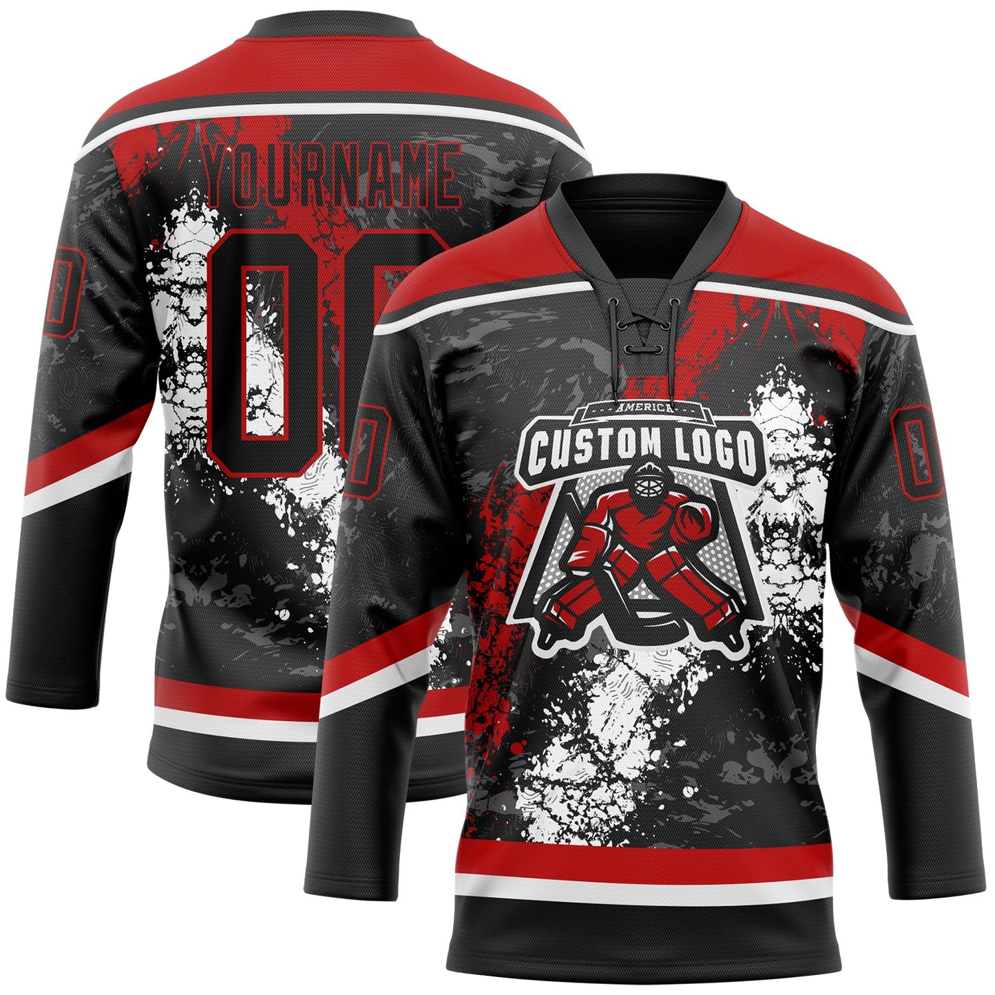 Custom Black Red-White 3D Splash Art Hockey Lace Neck Jersey view 2